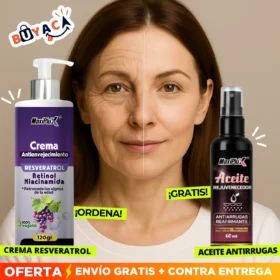 Crema Antienvejecimiento Resveratrol + Aceite Antiarrugas GRATIS ¡Transforma tu piel en solo 2 semanas! Nuestra crema con Resveratrol, Retinol y Niacinamida suaviza arrugas, hidrata profundamente y devuelve firmeza al rostro. Recibe de regalo el aceite reafirmante rejuvenecedor. 100% vegano