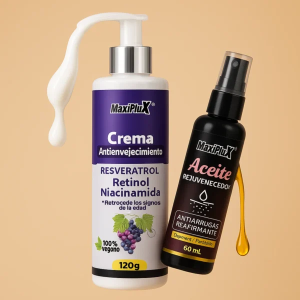 Crema Antienvejecimiento Resveratrol + Aceite Antiarrugas GRATIS ¡Transforma tu piel en solo 2 semanas! Nuestra crema con Resveratrol, Retinol y Niacinamida suaviza arrugas, hidrata profundamente y devuelve firmeza al rostro. Recibe de regalo el aceite reafirmante rejuvenecedor. 100% vegano