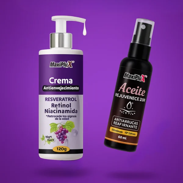 Crema Antienvejecimiento Resveratrol + Aceite Antiarrugas GRATIS ¡Transforma tu piel en solo 2 semanas! Nuestra crema con Resveratrol, Retinol y Niacinamida suaviza arrugas, hidrata profundamente y devuelve firmeza al rostro. Recibe de regalo el aceite reafirmante rejuvenecedor. 100% vegano