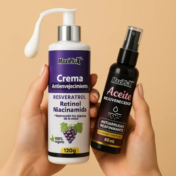 Crema Antienvejecimiento Resveratrol + Aceite Antiarrugas GRATIS ¡Transforma tu piel en solo 2 semanas! Nuestra crema con Resveratrol, Retinol y Niacinamida suaviza arrugas, hidrata profundamente y devuelve firmeza al rostro. Recibe de regalo el aceite reafirmante rejuvenecedor. 100% vegano