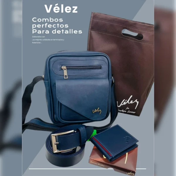 COMBO VÉLEZ DETALLE PARA CABALLERO Elegancia y distinción en un solo set. El Trío Especial Caballero Marcado Vélez incluye: carriel Leonardo (24x28x7 cm), billetera y correa 100% cuero, entregados en bolsa tula original Vélez. Disponible en 4 tonos, con 30 días de garantía.