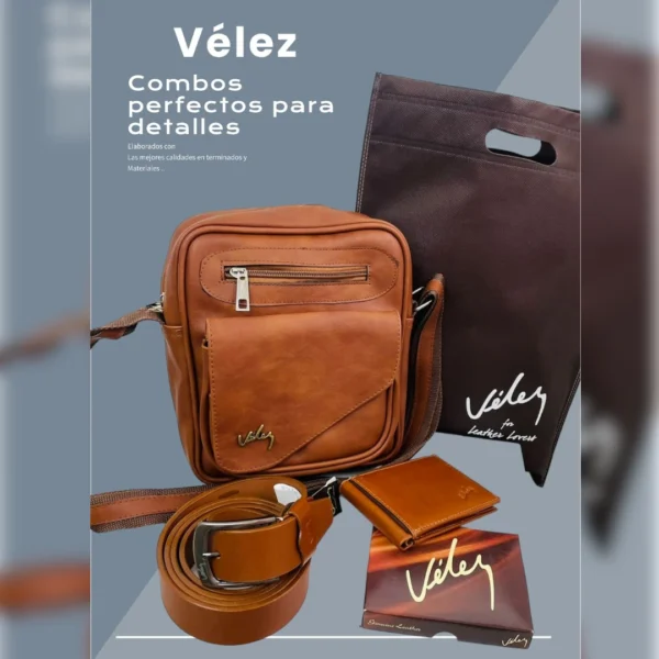 COMBO VÉLEZ DETALLE PARA CABALLERO Elegancia y distinción en un solo set. El Trío Especial Caballero Marcado Vélez incluye: carriel Leonardo (24x28x7 cm), billetera y correa 100% cuero, entregados en bolsa tula original Vélez. Disponible en 4 tonos, con 30 días de garantía.