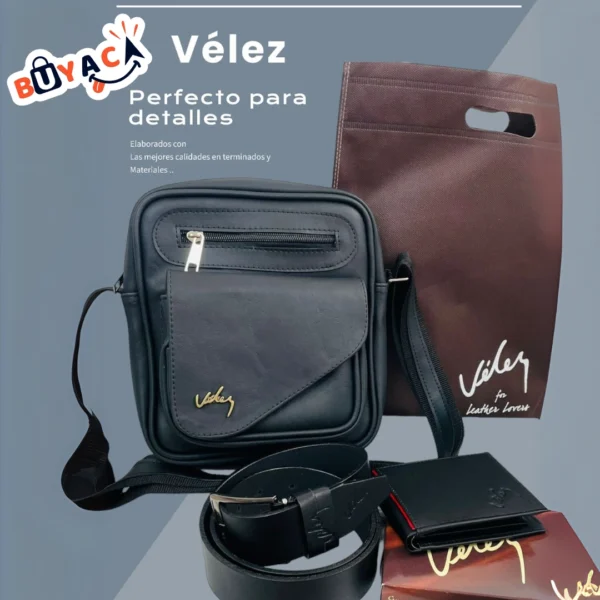 COMBO VÉLEZ DETALLE PARA CABALLERO Elegancia y distinción en un solo set. El Trío Especial Caballero Marcado Vélez incluye: carriel Leonardo (24x28x7 cm), billetera y correa 100% cuero, entregados en bolsa tula original Vélez. Disponible en 4 tonos, con 30 días de garantía.