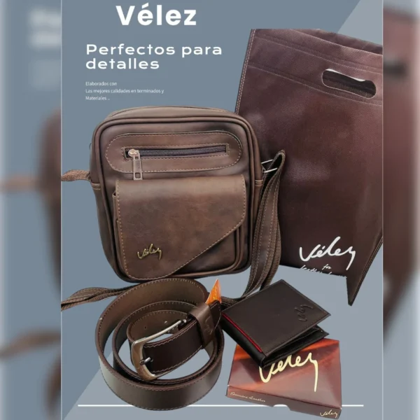 COMBO VÉLEZ DETALLE PARA CABALLERO Elegancia y distinción en un solo set. El Trío Especial Caballero Marcado Vélez incluye: carriel Leonardo (24x28x7 cm), billetera y correa 100% cuero, entregados en bolsa tula original Vélez. Disponible en 4 tonos, con 30 días de garantía.
