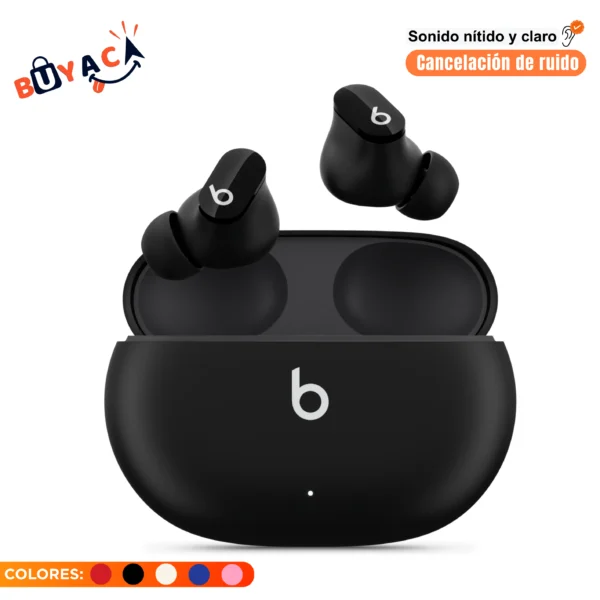 Beats Studio Buds – Auriculares inalámbricos con sonido potente, cancelación activa de ruido, modo transparencia y audio espacial Dolby Atmos. Resistentes al sudor (IPX4), cómodos y compactos, con Bluetooth 5.0, estuche de carga USB-C y compatibilidad con iOS y Android. 📦 Incluyen almohadillas en 4 tamaños y cable USB.